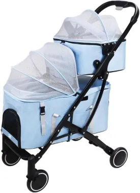 2 Layers pet Stroller for Dogs and Cats,4 Wheels pet pram cart with mesh Canopy,Foldable pet Trolley with Detachable Cabin Bag,Swivel Front Wheel,Rear Wheel with Foot Brakes