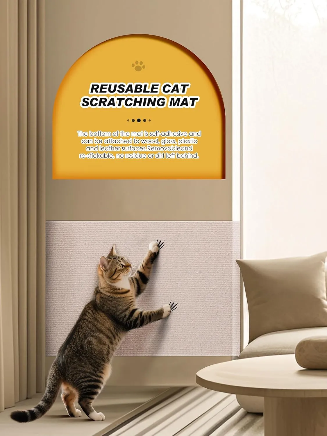 78.7"x15.8" Cat Scratch Mat, Trimmable Self-Adhesive Carpet, DIY Climb Cat Scratcher for Furniture Couch or Wall Protector, Covering Cat Scratching Post Replacement Pads (Beige)