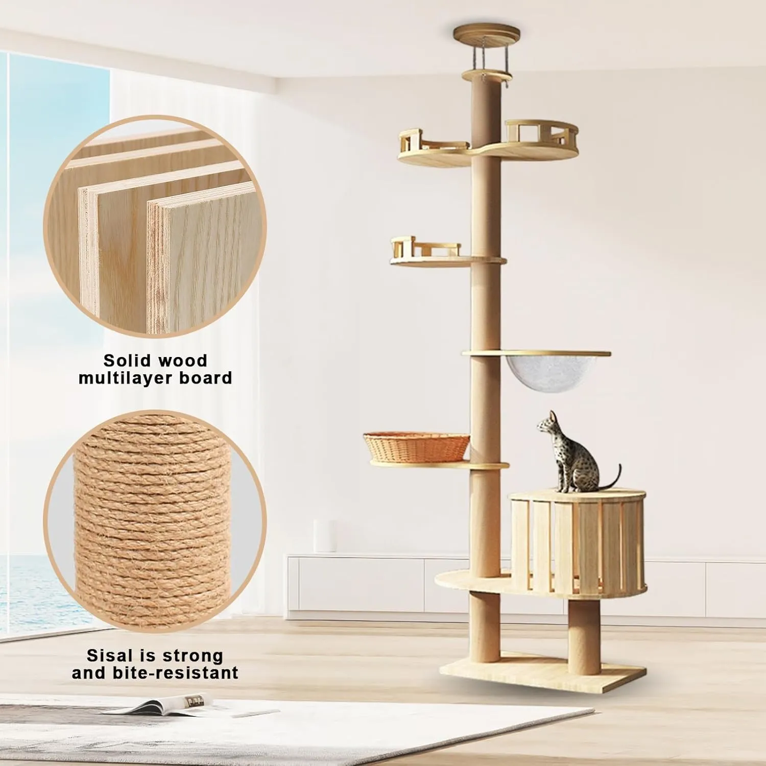 Adjustable Cat Tree from Floor to Ceiling (102"-138" H Optional) - 7-in-1 Multi-Level Cat Tower with Scratching Posts & Hammock Bed | Heavy Duty Wooden Frame(Holds 110 LB)