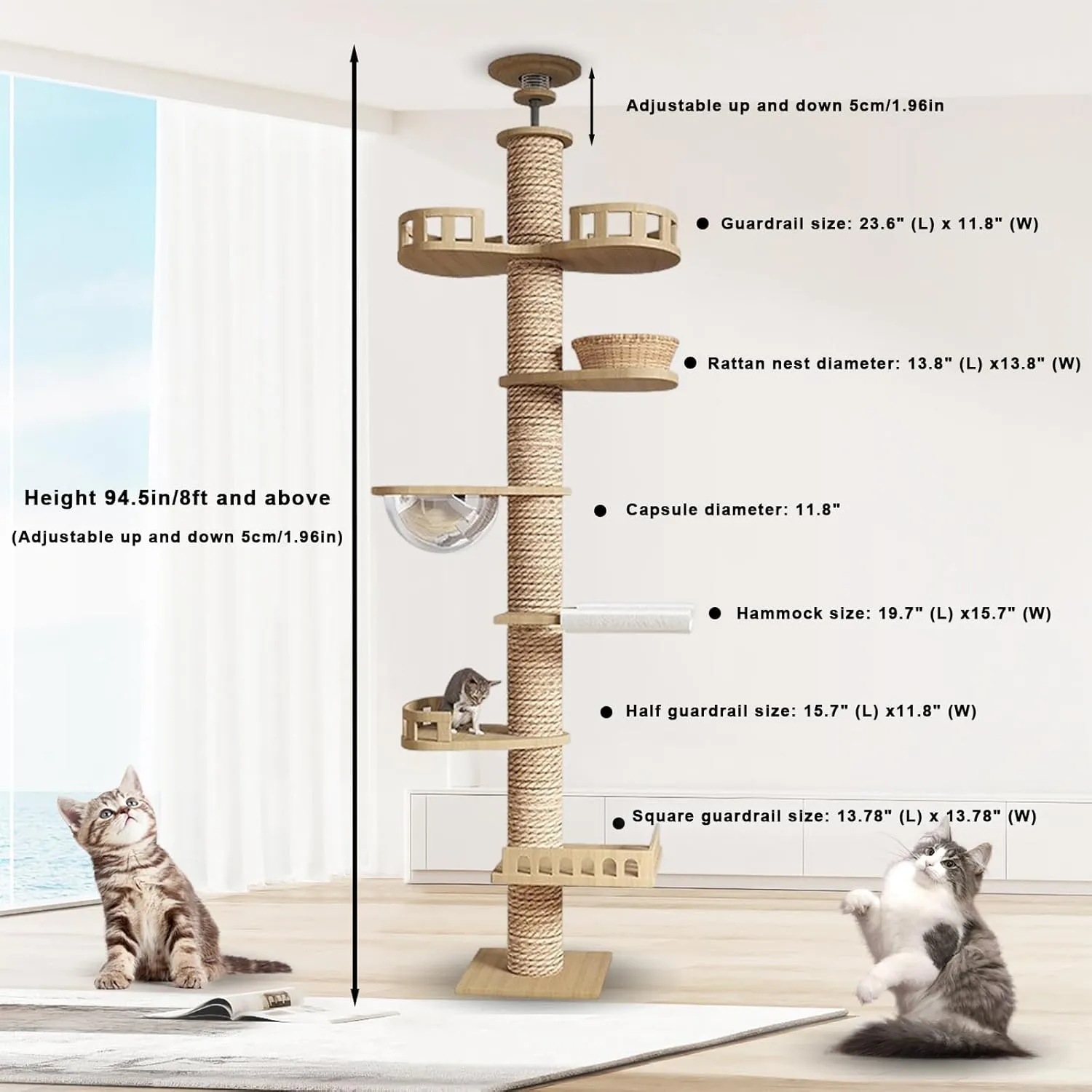 Adjustable Cat Tree from Floor to Ceiling (102"-138" H Optional) - 7-in-1 Multi-Level Cat Tower with Scratching Posts & Hammock Bed | Heavy Duty Wooden Frame(Holds 110 LB)