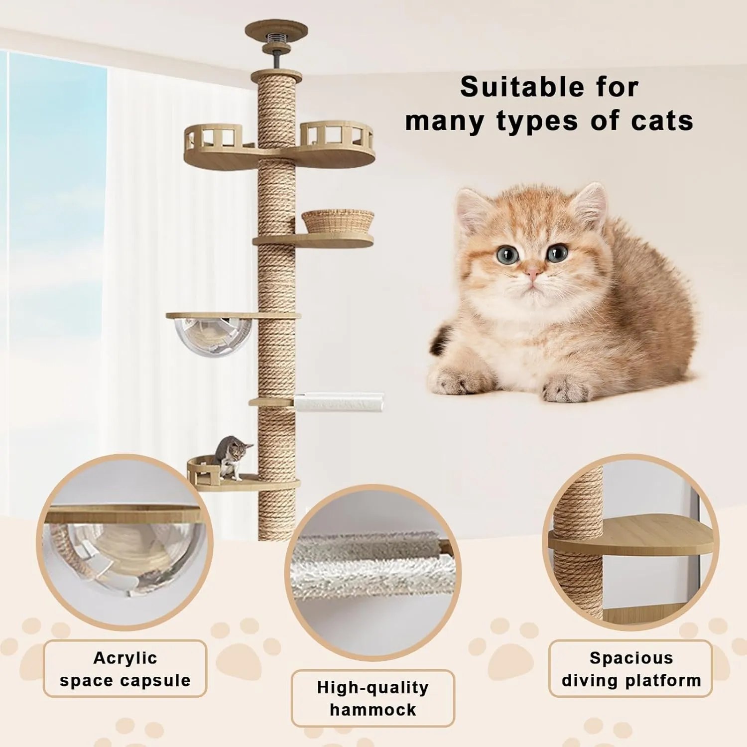Adjustable Cat Tree from Floor to Ceiling (102"-138" H Optional) - 7-in-1 Multi-Level Cat Tower with Scratching Posts & Hammock Bed | Heavy Duty Wooden Frame(Holds 110 LB)