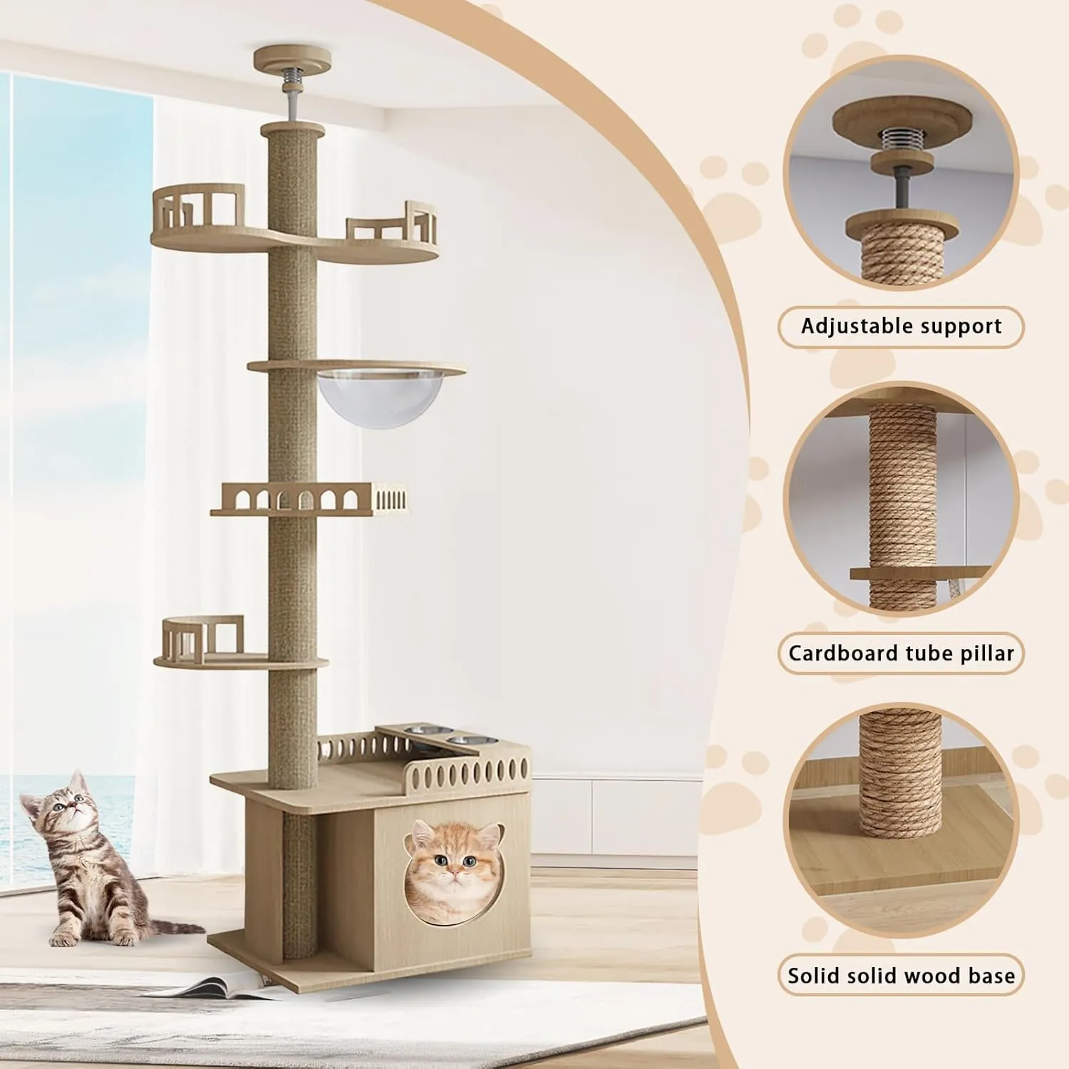 Adjustable Cat Tree from Floor to Ceiling (102"-138" H Optional) - 7-in-1 Multi-Level Cat Tower with Scratching Posts & Hammock Bed | Heavy Duty Wooden Frame(Holds 110 LB)
