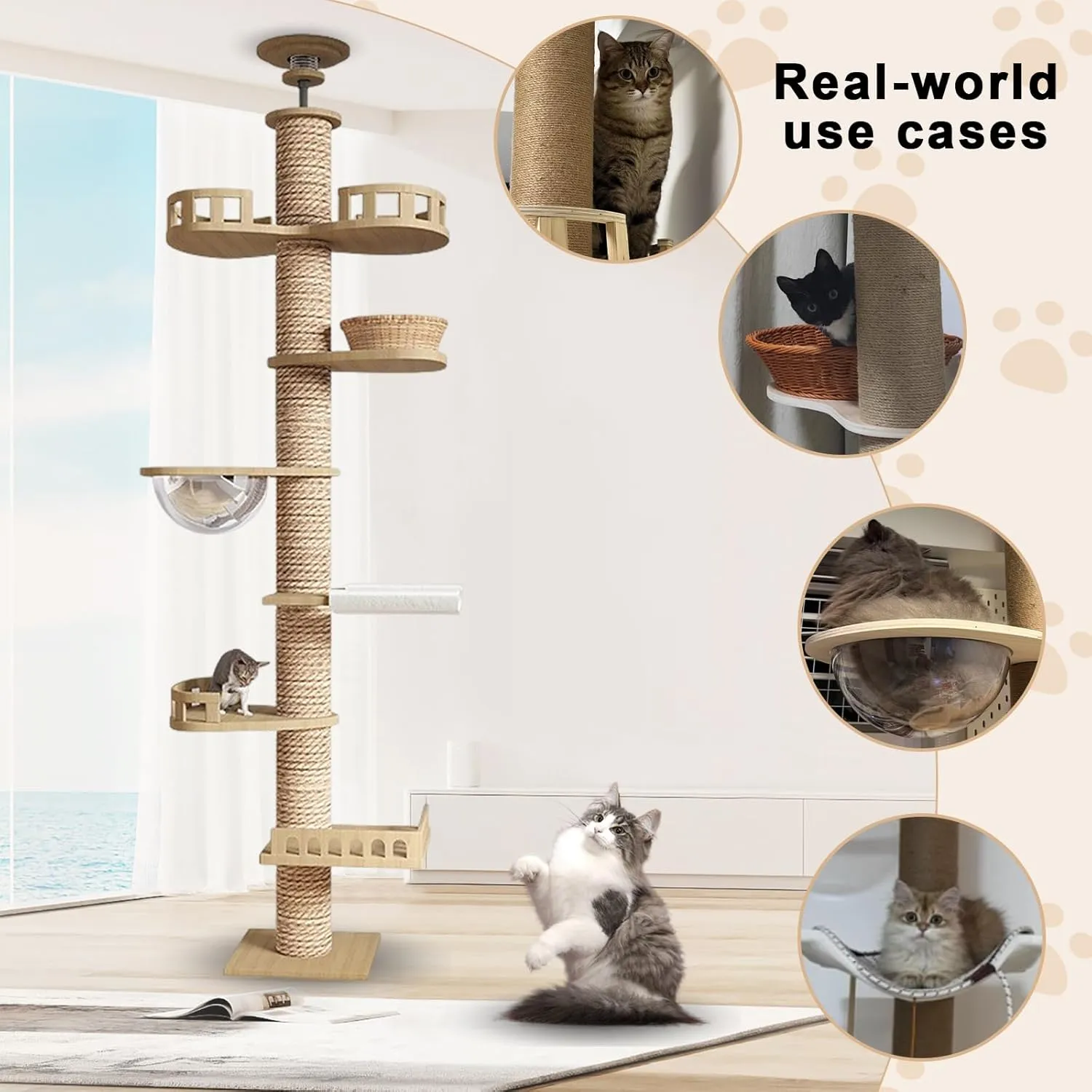 Adjustable Cat Tree from Floor to Ceiling (102"-138" H Optional) - 7-in-1 Multi-Level Cat Tower with Scratching Posts & Hammock Bed | Heavy Duty Wooden Frame(Holds 110 LB)