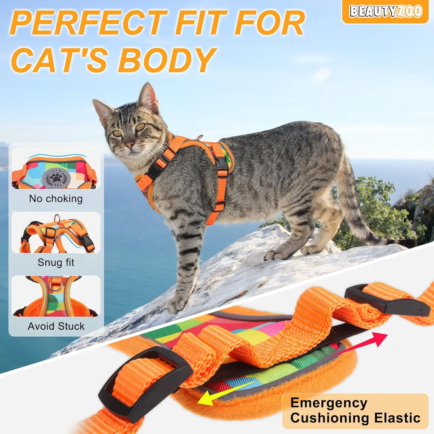BEAUTYZOO Cat Harness and Leash Set for Walking Escape Proof- Neck Release Adjustable Vest Harness for Kitten, Small/Medium/Large Cats, Breathable Mesh & Reflective Strips Travel Harness for Outdoor