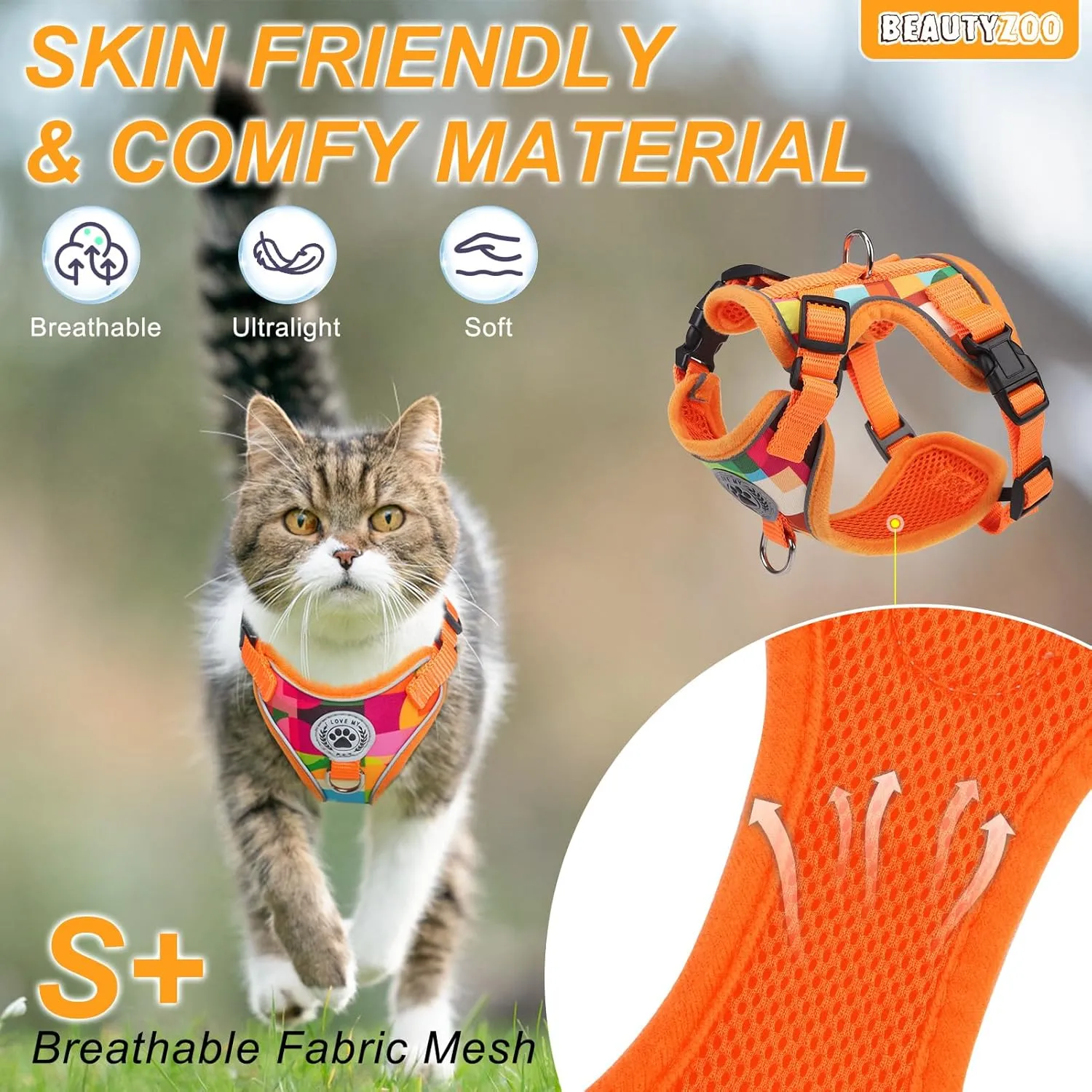 BEAUTYZOO Cat Harness and Leash Set for Walking Escape Proof- Neck Release Adjustable Vest Harness for Kitten, Small/Medium/Large Cats, Breathable Mesh & Reflective Strips Travel Harness for Outdoor