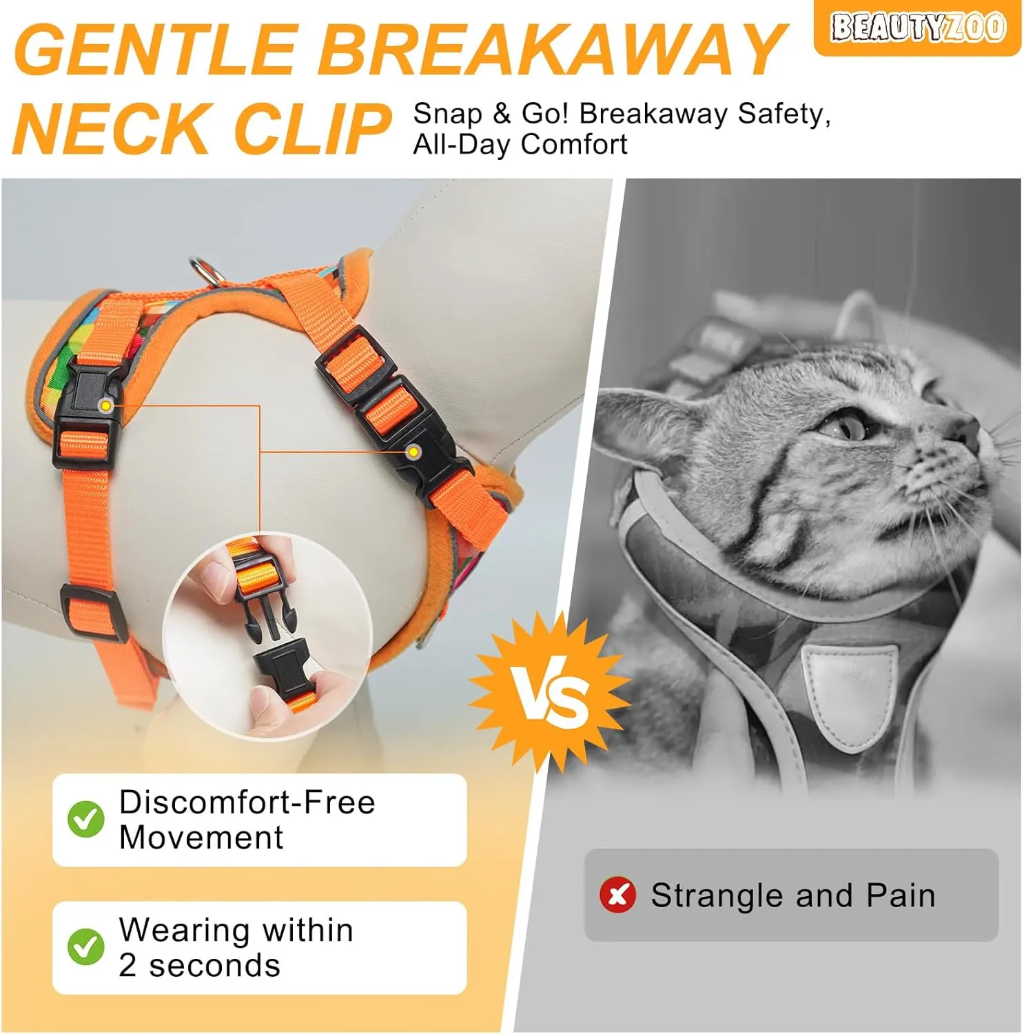 BEAUTYZOO Cat Harness and Leash Set for Walking Escape Proof- Neck Release Adjustable Vest Harness for Kitten, Small/Medium/Large Cats, Breathable Mesh & Reflective Strips Travel Harness for Outdoor
