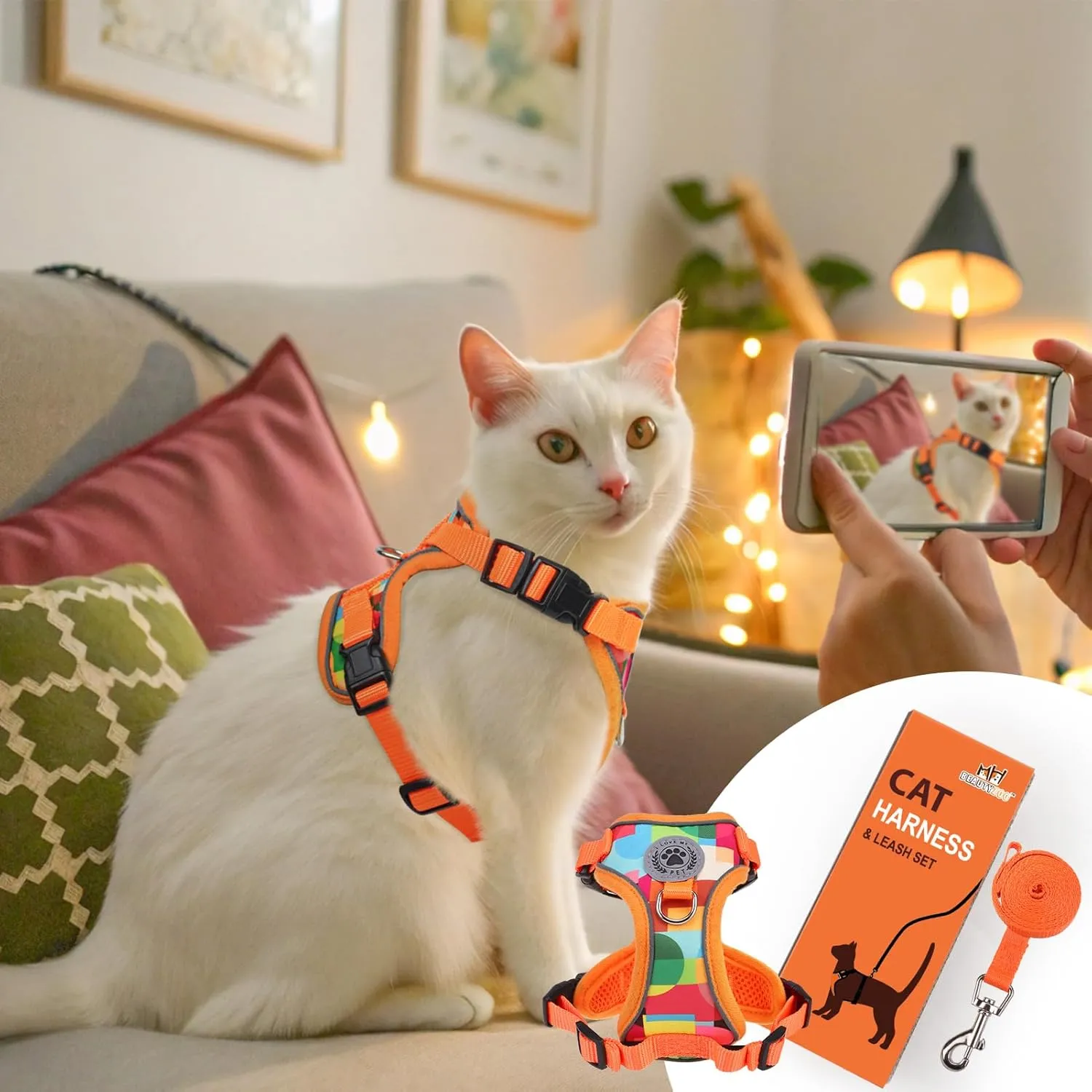 BEAUTYZOO Cat Harness and Leash Set for Walking Escape Proof- Neck Release Adjustable Vest Harness for Kitten, Small/Medium/Large Cats, Breathable Mesh & Reflective Strips Travel Harness for Outdoor