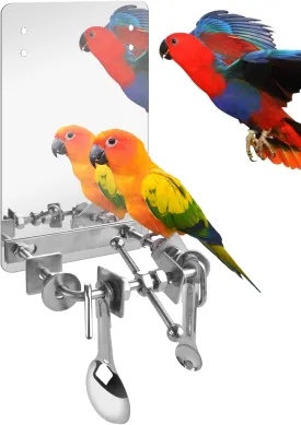 Bissap Bird Toy, Stainless Steel Cockatoo Mirror with Perch Stand Swing for Medium Lagre Cockatiel African Gray Cockatoos Amazon and Similar Sized Pet Birds Bird Cage Accessories