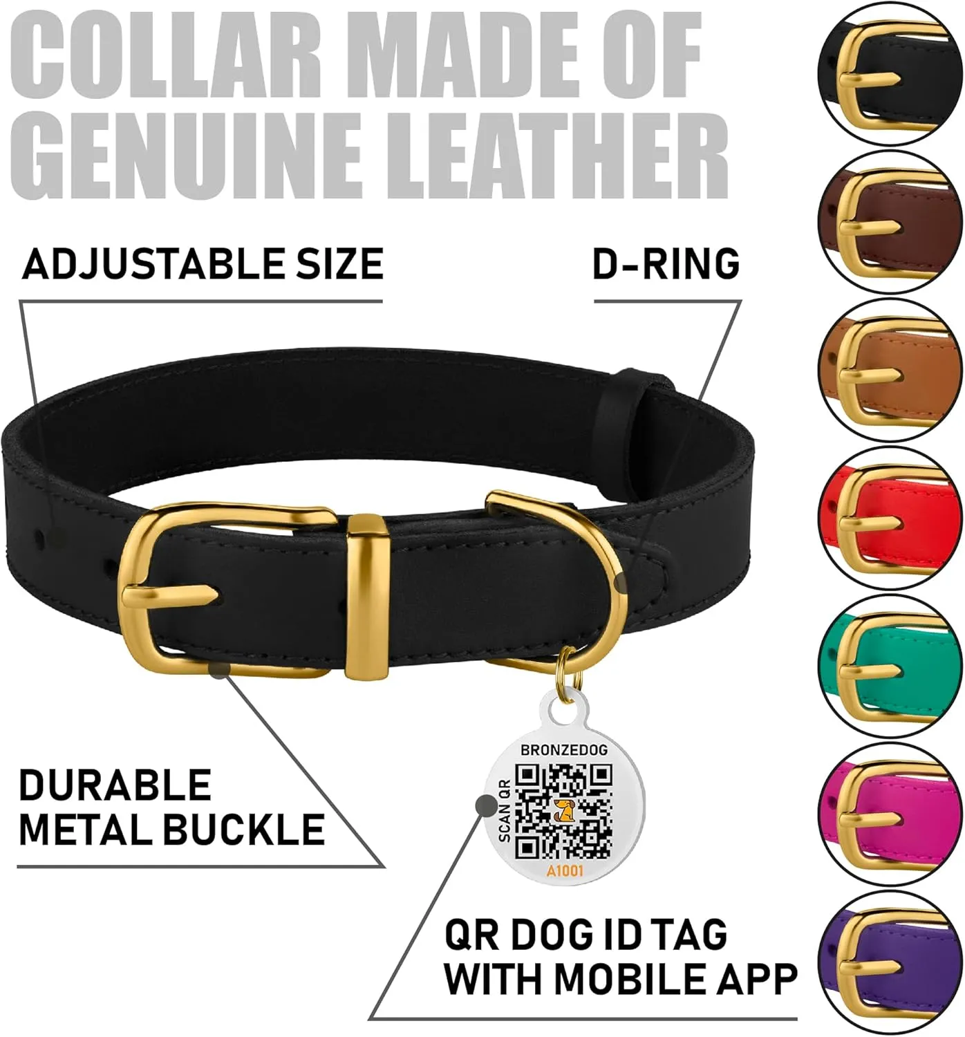 BRONZEDOG Leather Dog Collar with QR ID Tag Basic Pet Collars for Small Mini Dogs Cats Puppies (7-9 Inch (Pack of 1), Black & Gold Buckle)