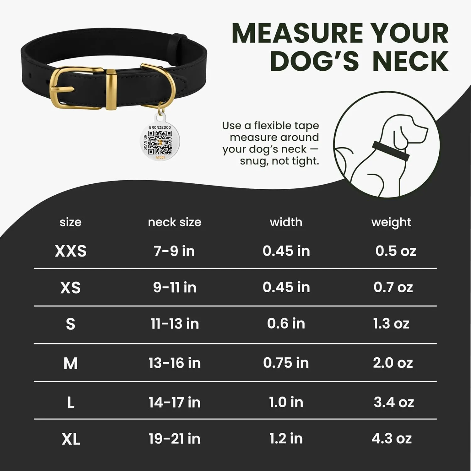 BRONZEDOG Leather Dog Collar with QR ID Tag Basic Pet Collars for Small Mini Dogs Cats Puppies (7-9 Inch (Pack of 1), Black & Gold Buckle)