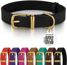 BRONZEDOG Leather Dog Collar with QR ID Tag Basic Pet Collars for Small Mini Dogs Cats Puppies (7-9 Inch (Pack of 1), Black & Gold Buckle)