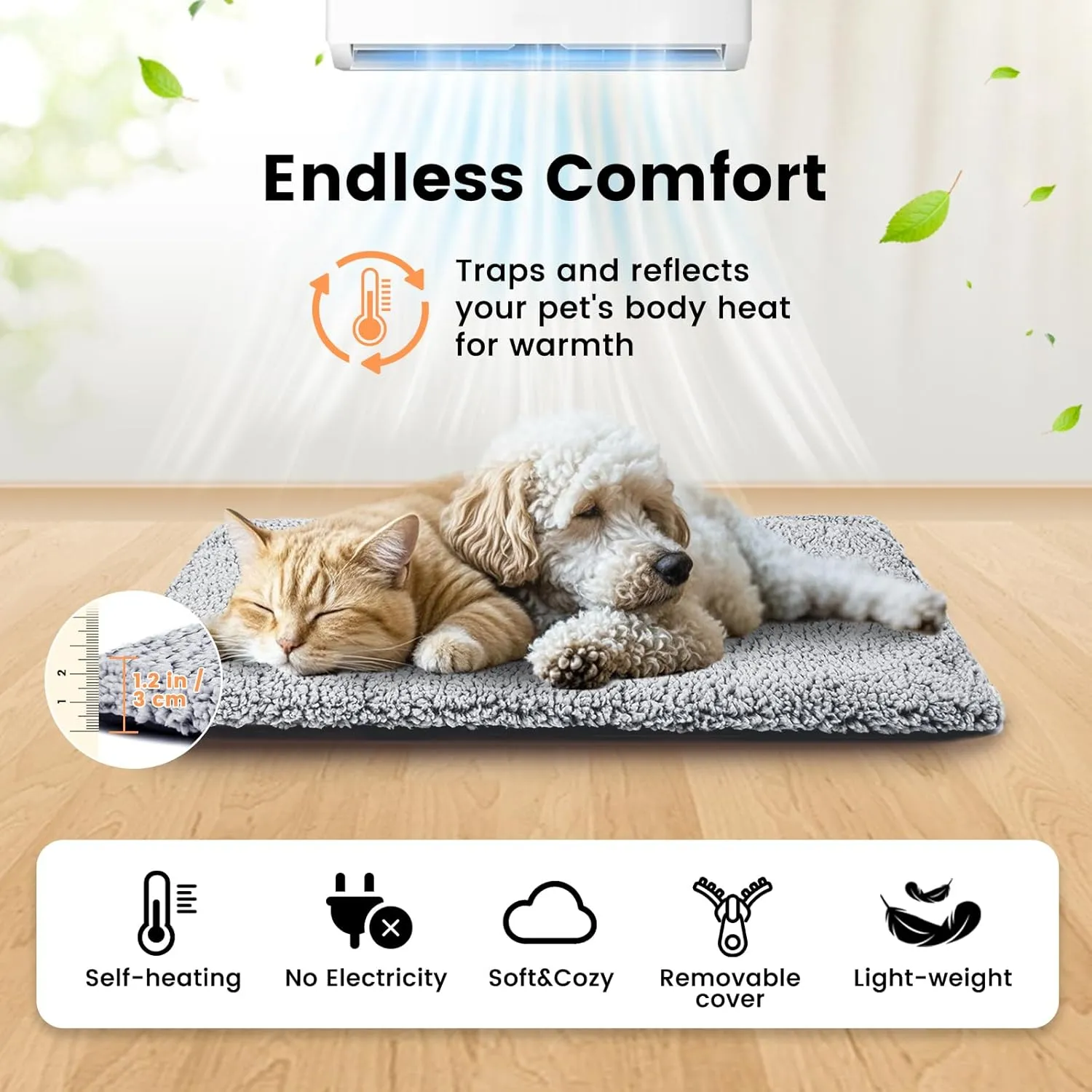 Cat Beds for Indoor Cats Self Heating Kitten Pad for Outdoor Cat House, Self Warming Pet Mat for Small Dog Crate Pad with Removable Washable Cover, Grey 30 Inches