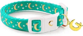 Cat Collars, Gold Moons and Stars Cat Collar, Safety Breakaway Cat Collar, Glow in The Dark (Kitten 6.5"-10" Neck, Aqua)