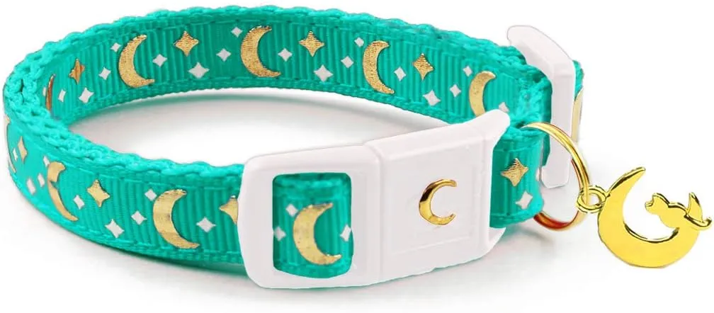Cat Collars, Gold Moons and Stars Cat Collar, Safety Breakaway Cat Collar, Glow in The Dark (Kitten 6.5"-10" Neck, Aqua)