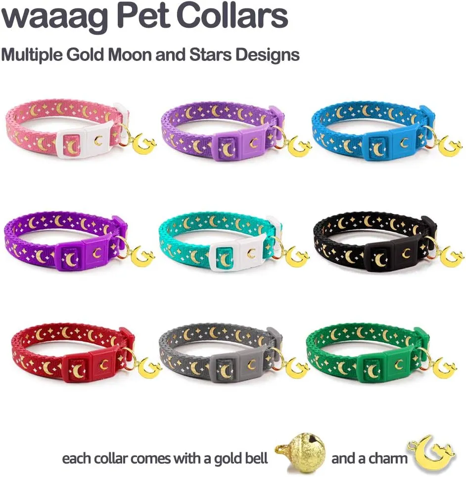 Cat Collars, Gold Moons and Stars Cat Collar, Safety Breakaway Cat Collar, Glow in The Dark (Kitten 6.5"-10" Neck, Aqua)