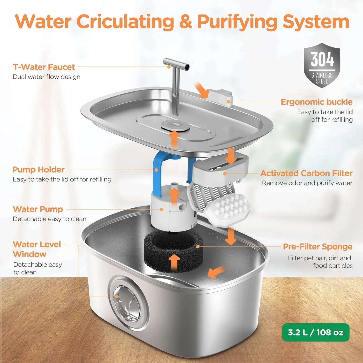 Cat Water Fountain Stainless Steel: 108oz/3.2L Automatic Pet Water Fountain - Dog Water Dispenser with Water Level Window - for Cats Inside with 8 Replacement Filters