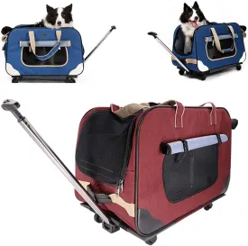 Cat Wheel Dog Carrier Rolling Pet Carrier with Removable Wheeled Luggage Bag,Portable Collapsible Travel Carry Crate with Durable Mesh Panels and Telescopic Walking Handle