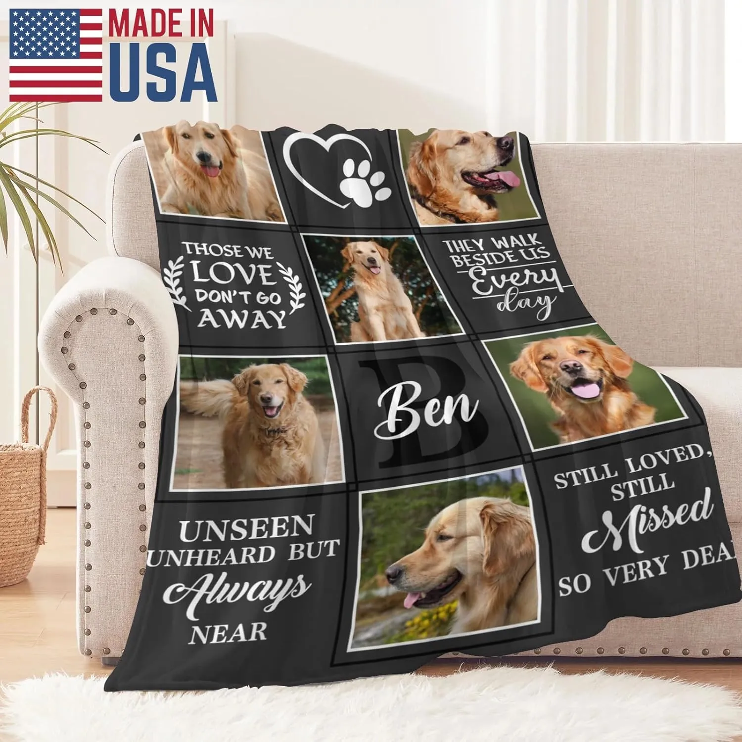 Custom Memorial Blanket Gifts for Dog Lover: Personalized Puppy Photo Collage Throw Blanket with Picture Name in Loving Memory Blanket - Made in USA