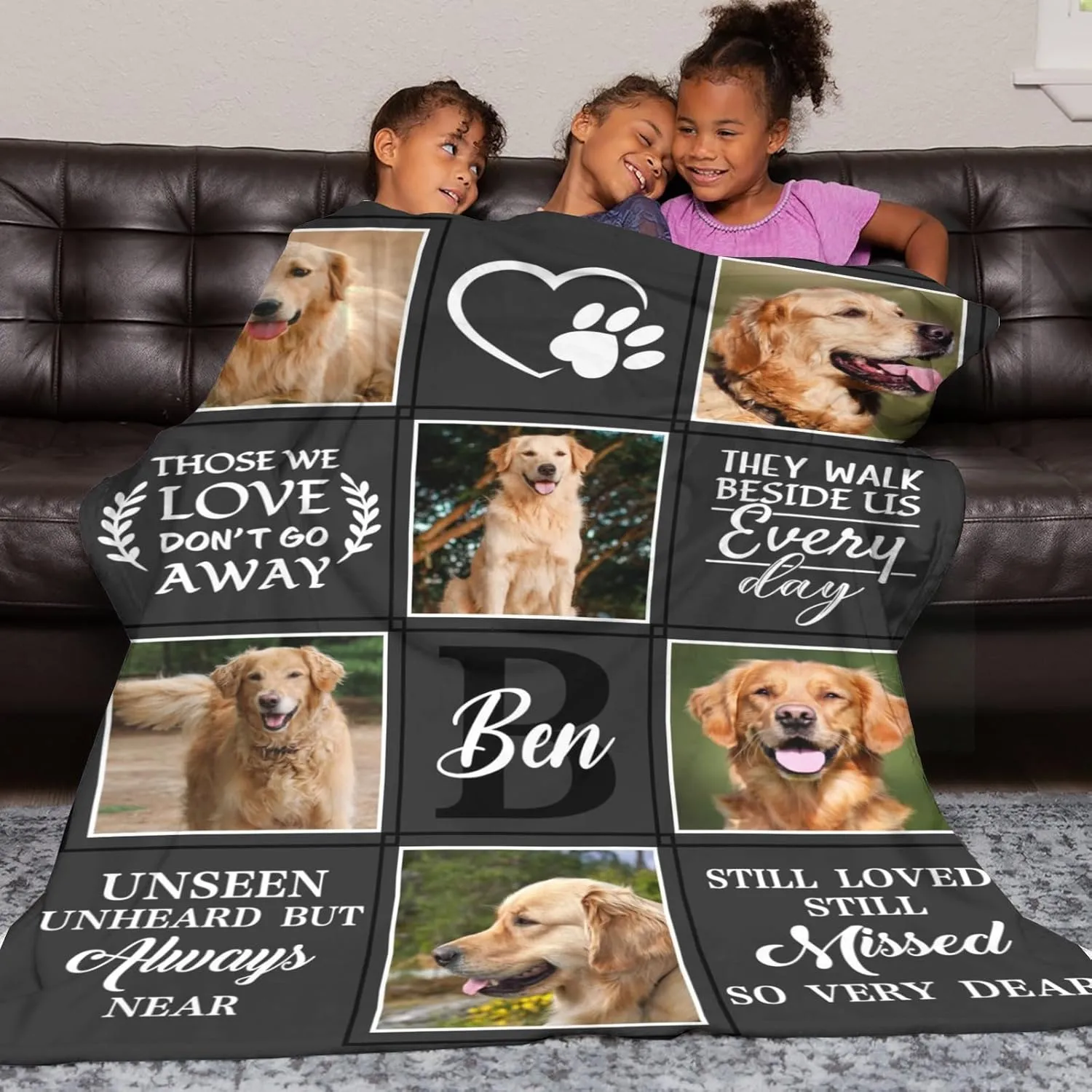 Custom Memorial Blanket Gifts for Dog Lover: Personalized Puppy Photo Collage Throw Blanket with Picture Name in Loving Memory Blanket - Made in USA