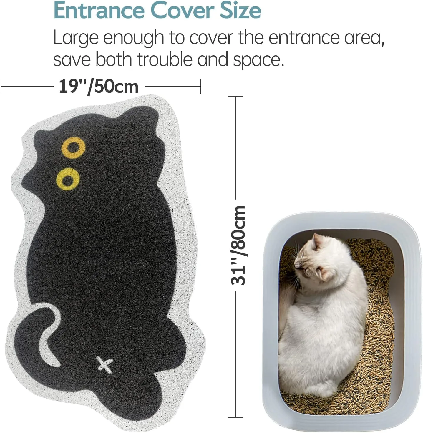 Cute Cat Litter Trapping Mat 31x19, Traps Mess from Litter Box and Pet Food Bowl, Soft on Kitty Paws, Easy Clean, Anti Slip, Pet Accessories, Door Floor mats - Blackcat