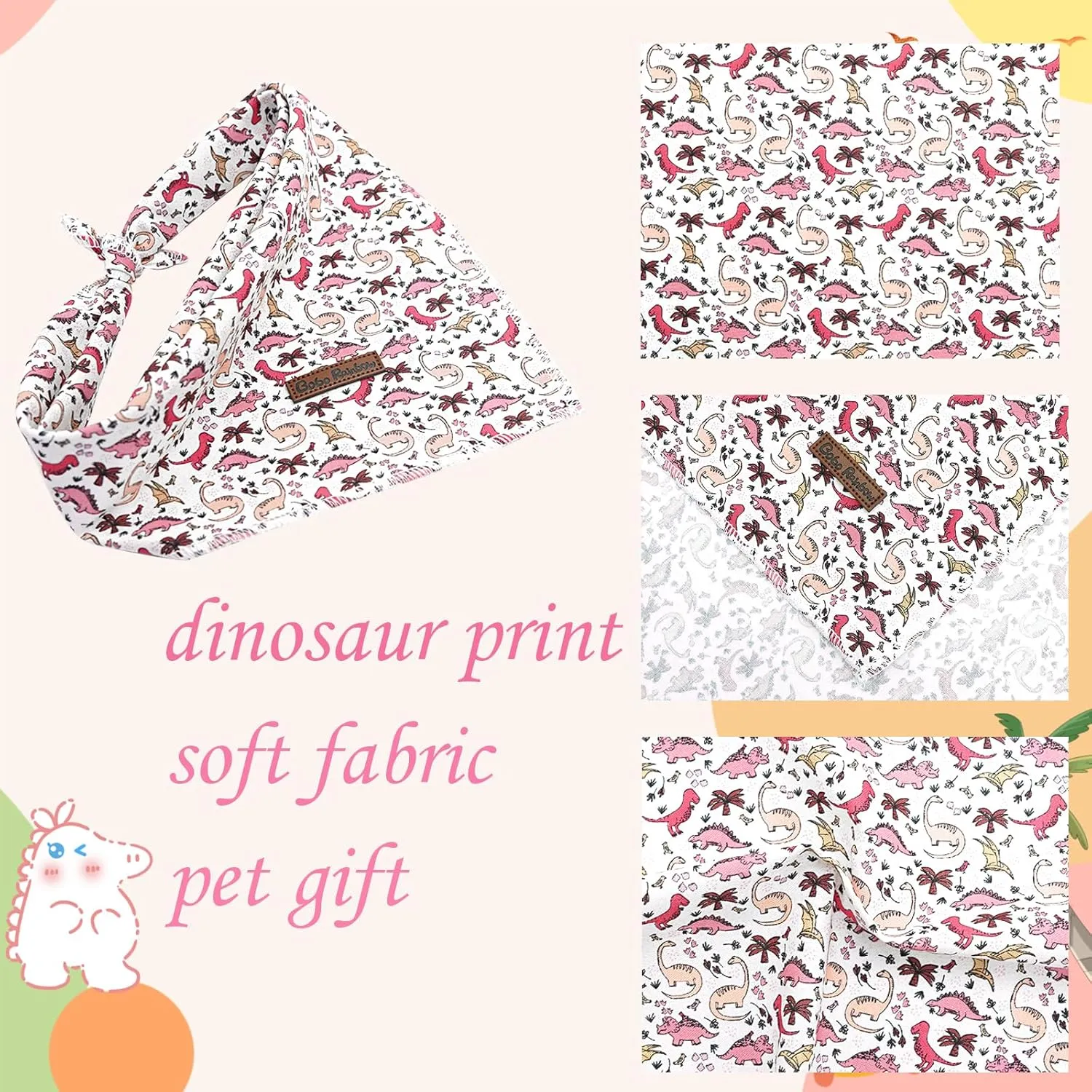 Dog Bandana-1PC Pink Dinosaur Print Bandanas Spring Summer Puppy Bandanas Cute Bibs Scarf Square Soft Dog Kerchief Pet Bandanas for Small Medium Large Dogs