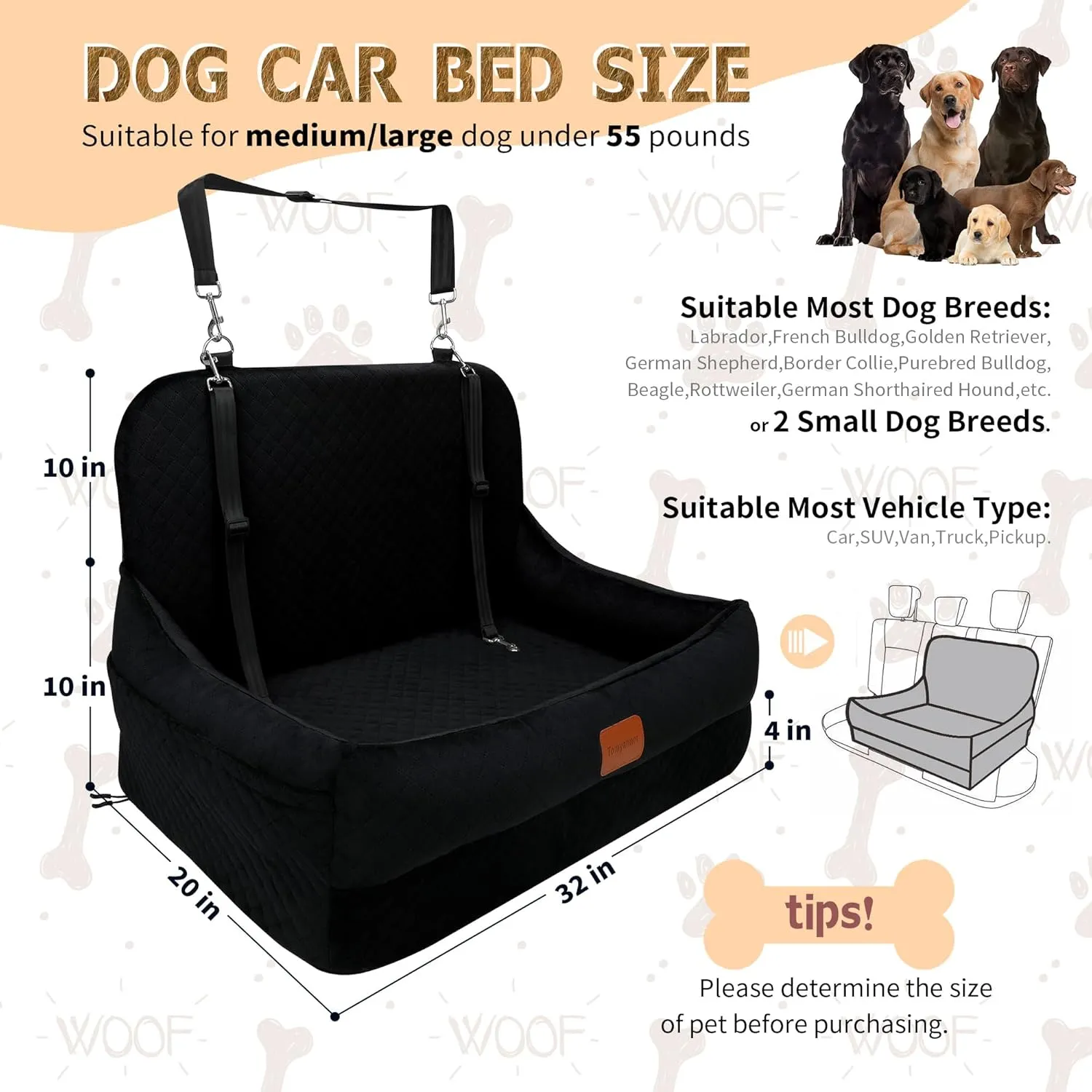 Dog Car Seat for Medium/Large Dogs Under 50 lbs,Contains 4 Inches of Memory Foam Pet Booster Seat with 2 Safety Leashes,Detachable & Washable Car BedMulti-Functional Pet Travel Bed with Pockets