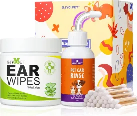 Dog Ear Cleaner-Ear Rinse & 100pcs Dog Ear Wipes & 30 Cotton Swabs Dog Ear Inflammation Therapy for Itch Relief, Soothe Ear Inflammation, Removes Wax, Odor