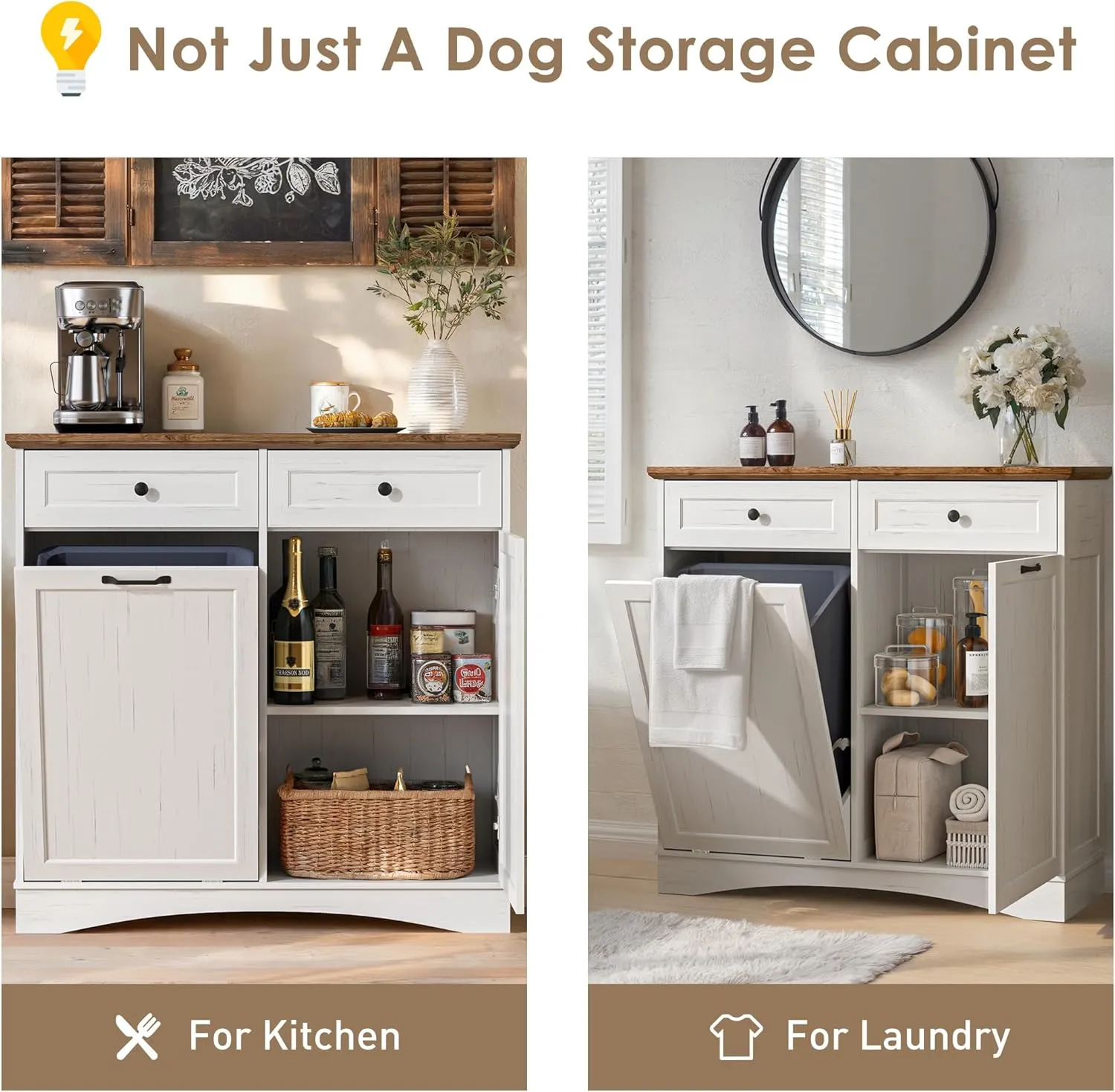 FIMELLO Dual Doors Dog Feeding Station, Tilt-Out Dog Food Storage Cabinet,Pet Feeder Cabinet,White