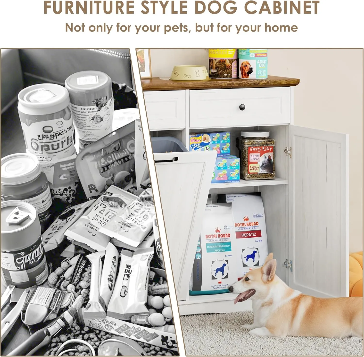 FIMELLO Dual Doors Dog Feeding Station, Tilt-Out Dog Food Storage Cabinet,Pet Feeder Cabinet,White