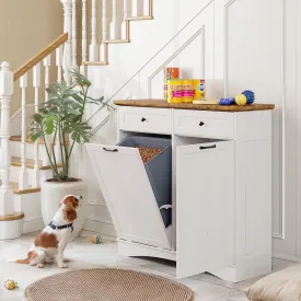 FIMELLO Dual Doors Dog Feeding Station, Tilt-Out Dog Food Storage Cabinet,Pet Feeder Cabinet,White