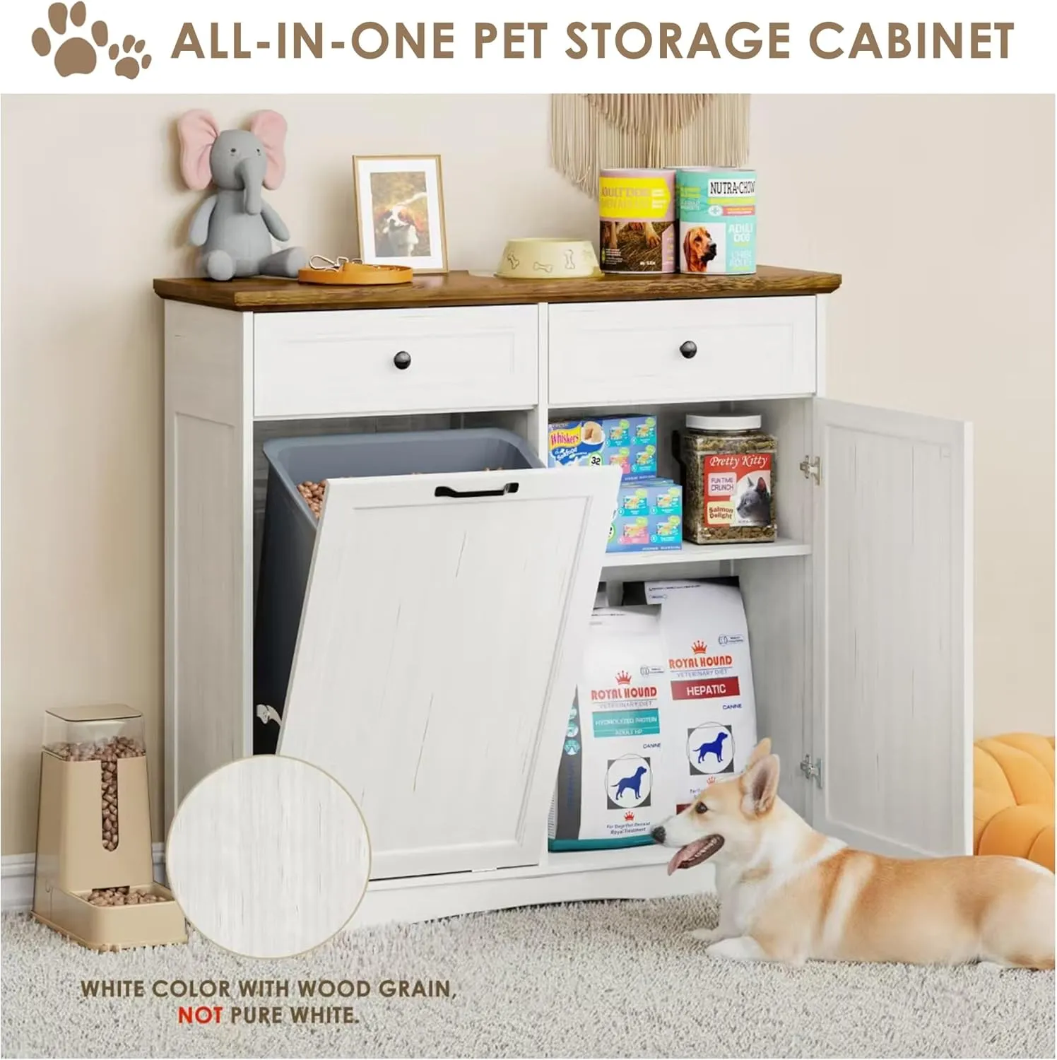 FIMELLO Dual Doors Dog Feeding Station, Tilt-Out Dog Food Storage Cabinet,Pet Feeder Cabinet,White