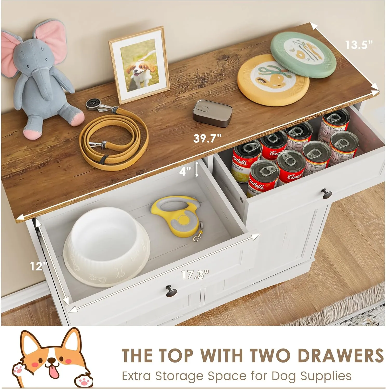 FIMELLO Dual Doors Dog Feeding Station, Tilt-Out Dog Food Storage Cabinet,Pet Feeder Cabinet,White