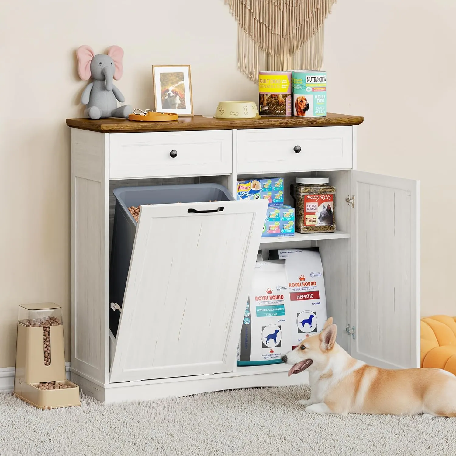 FIMELLO Dual Doors Dog Feeding Station, Tilt-Out Dog Food Storage Cabinet,Pet Feeder Cabinet,White