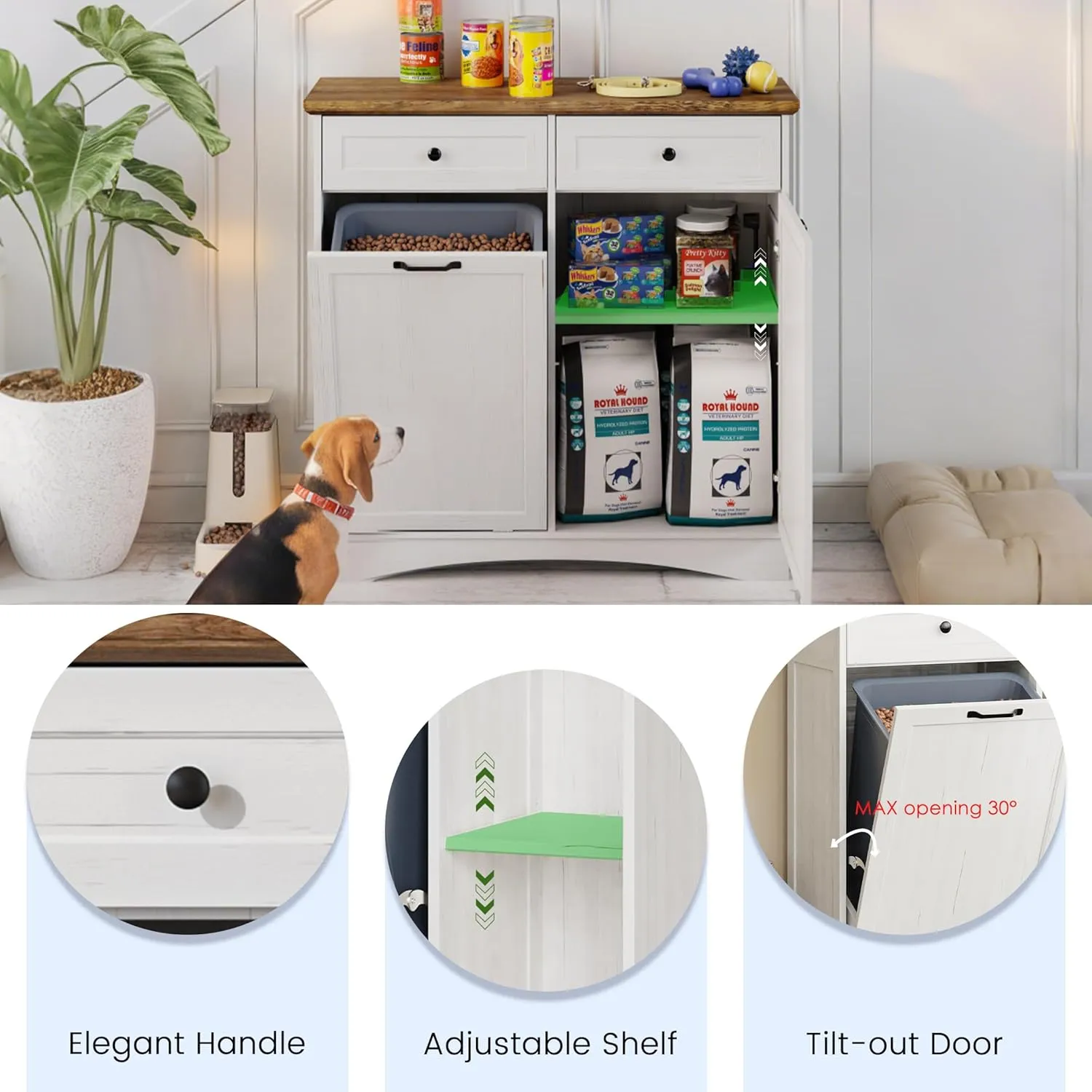 FIMELLO Dual Doors Dog Feeding Station, Tilt-Out Dog Food Storage Cabinet,Pet Feeder Cabinet,White