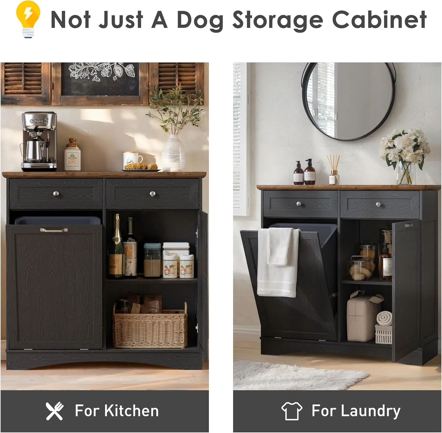 FIMELLO Dual Doors Dog Feeding Station, Tilt-Out Dog Storage Cabinet, Pet Food Cabinets for Dogs, Black Grain