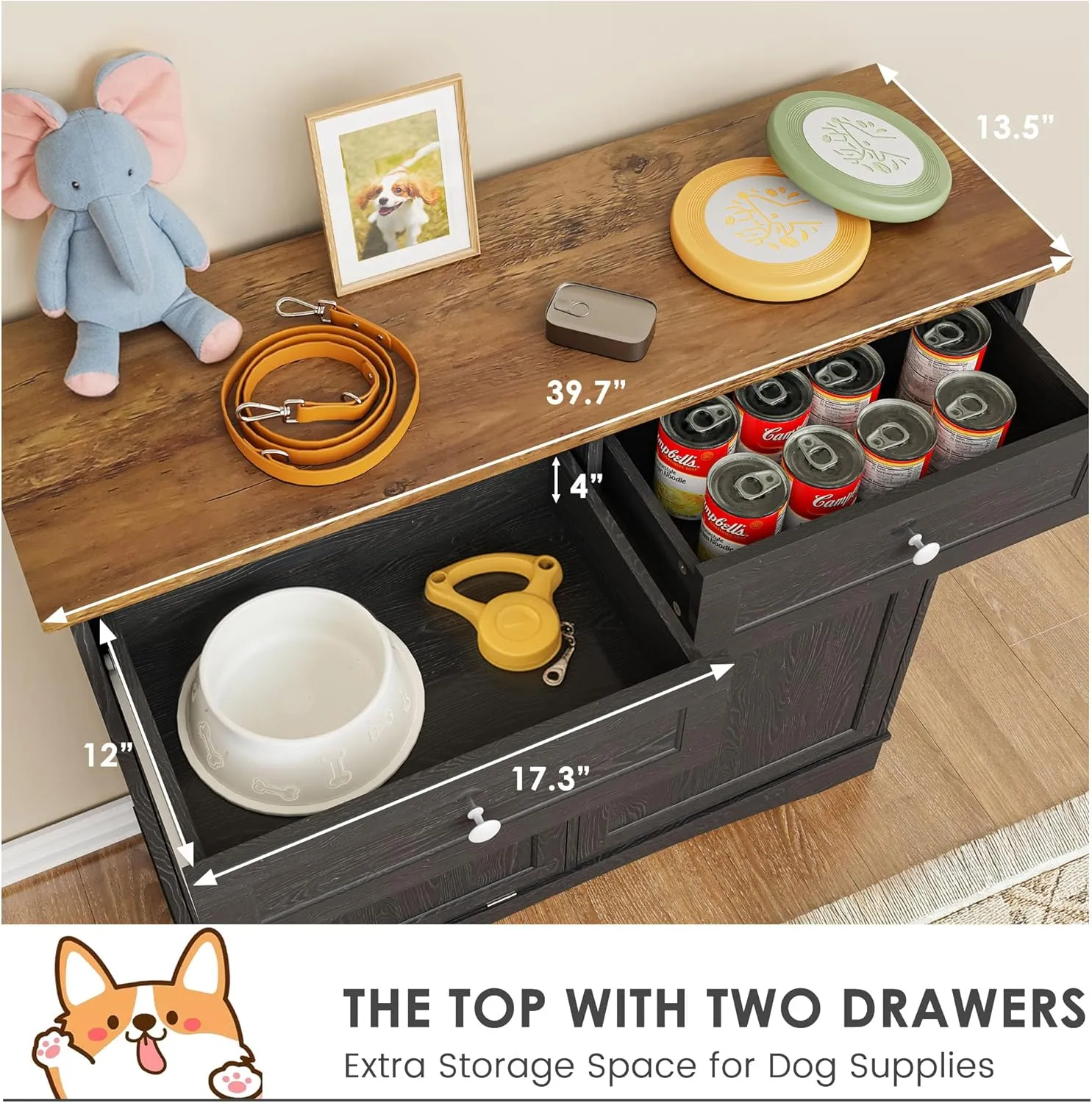 FIMELLO Dual Doors Dog Feeding Station, Tilt-Out Dog Storage Cabinet, Pet Food Cabinets for Dogs, Black Grain