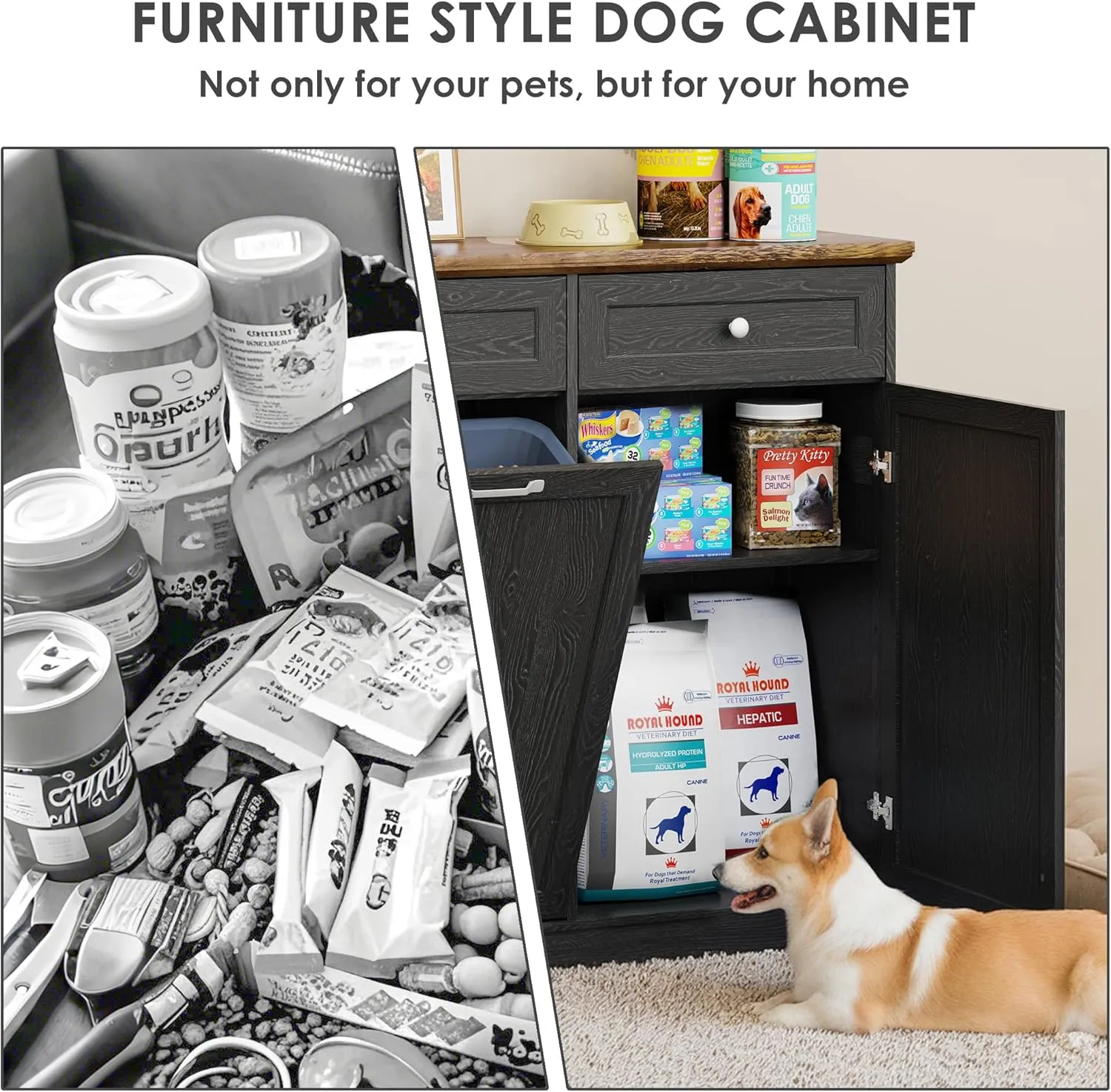 FIMELLO Dual Doors Dog Feeding Station, Tilt-Out Dog Storage Cabinet, Pet Food Cabinets for Dogs, Black Grain