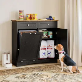FIMELLO Dual Doors Dog Feeding Station, Tilt-Out Dog Storage Cabinet, Pet Food Cabinets for Dogs, Black Grain