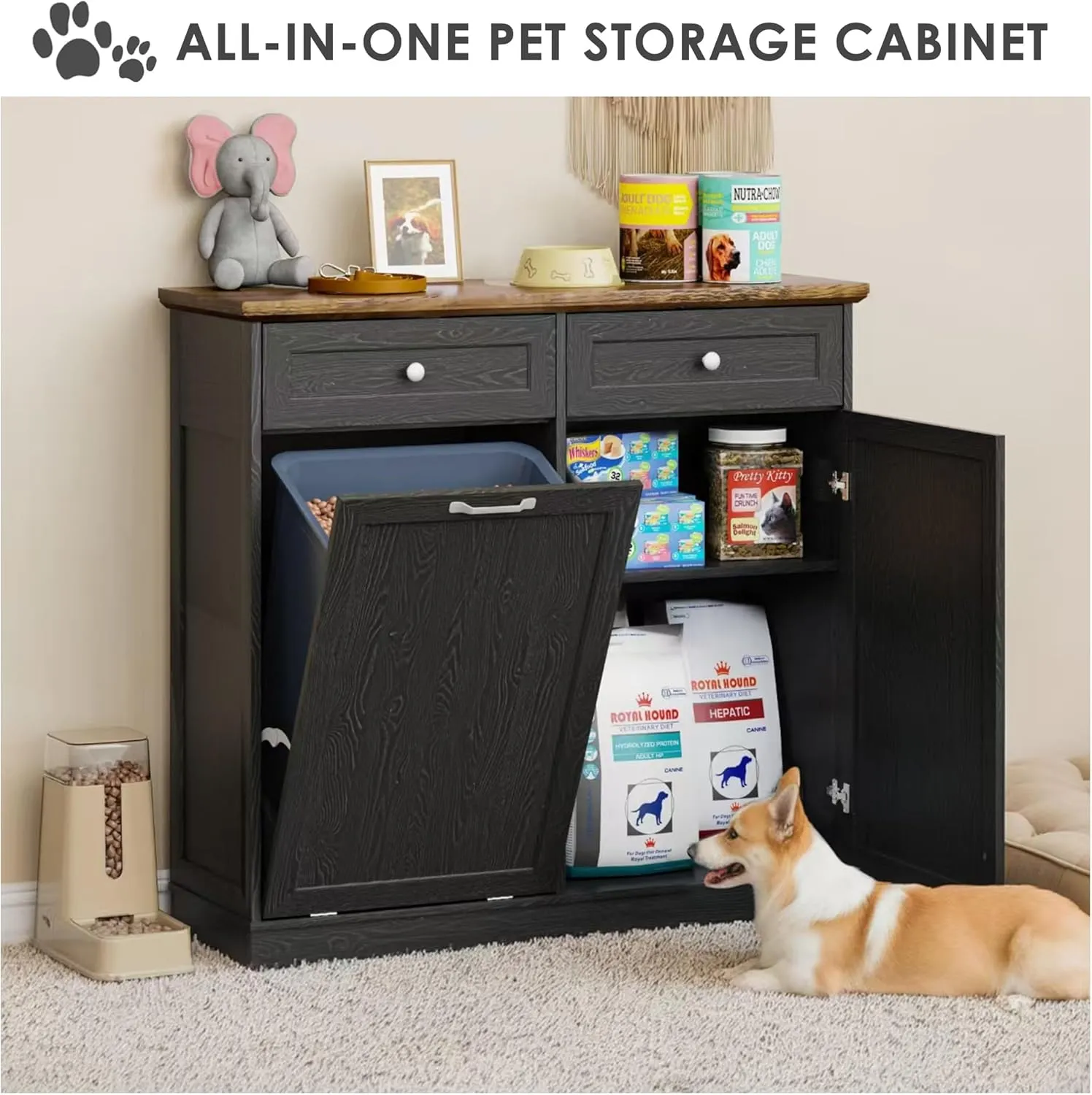 FIMELLO Dual Doors Dog Feeding Station, Tilt-Out Dog Storage Cabinet, Pet Food Cabinets for Dogs, Black Grain