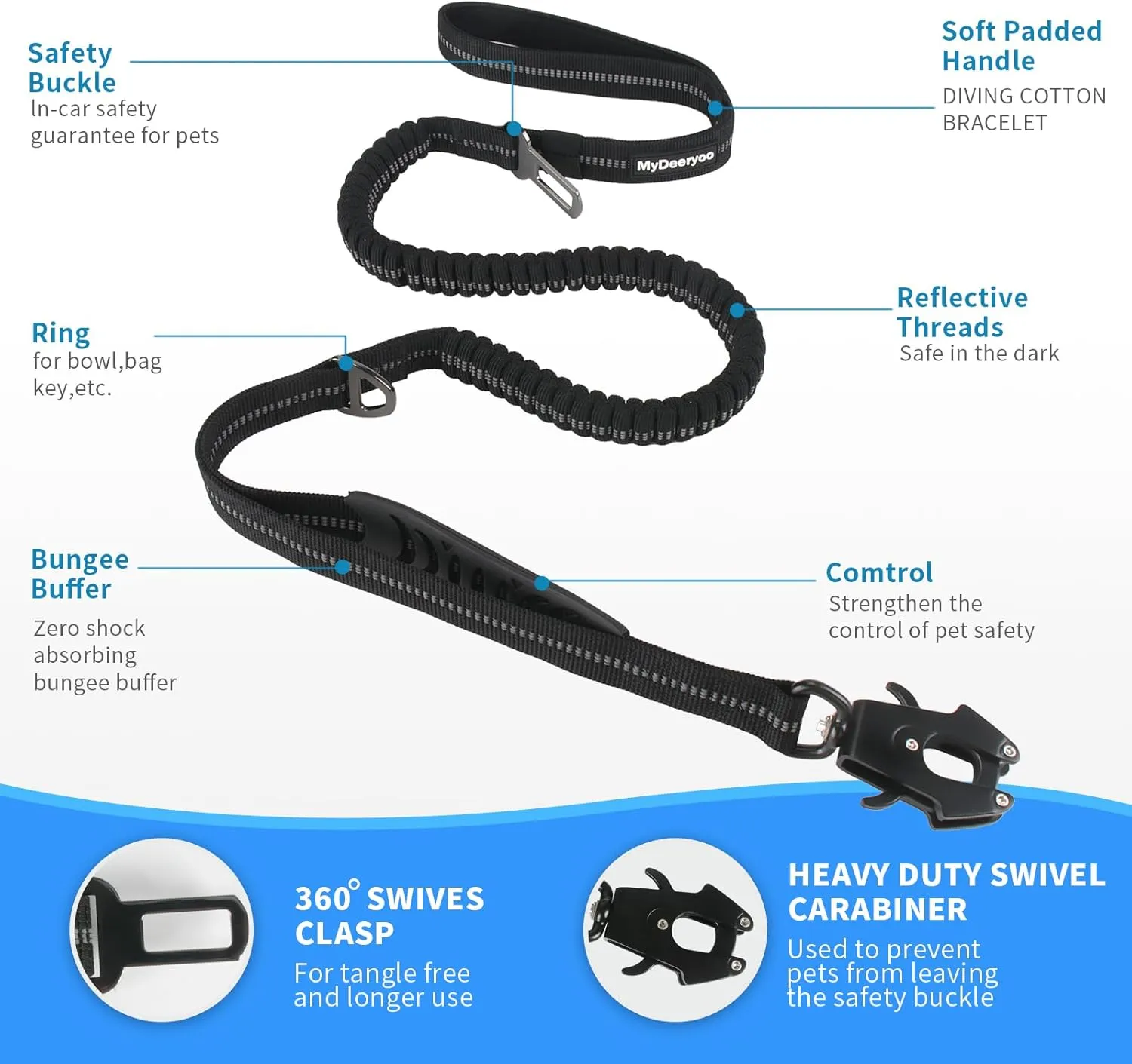 Heavy Duty Tactical Dog Leash 4-6 Foot Reflective Bungee with Frog Clip, Two Padded Traffic Handles for Large Dogs, Car Seatbelt