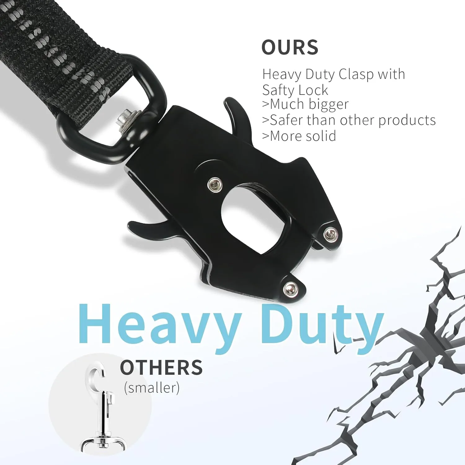 Heavy Duty Tactical Dog Leash 4-6 Foot Reflective Bungee with Frog Clip, Two Padded Traffic Handles for Large Dogs, Car Seatbelt