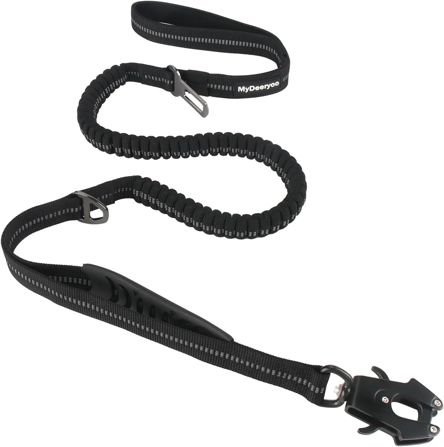 Heavy Duty Tactical Dog Leash 4-6 Foot Reflective Bungee with Frog Clip, Two Padded Traffic Handles for Large Dogs, Car Seatbelt