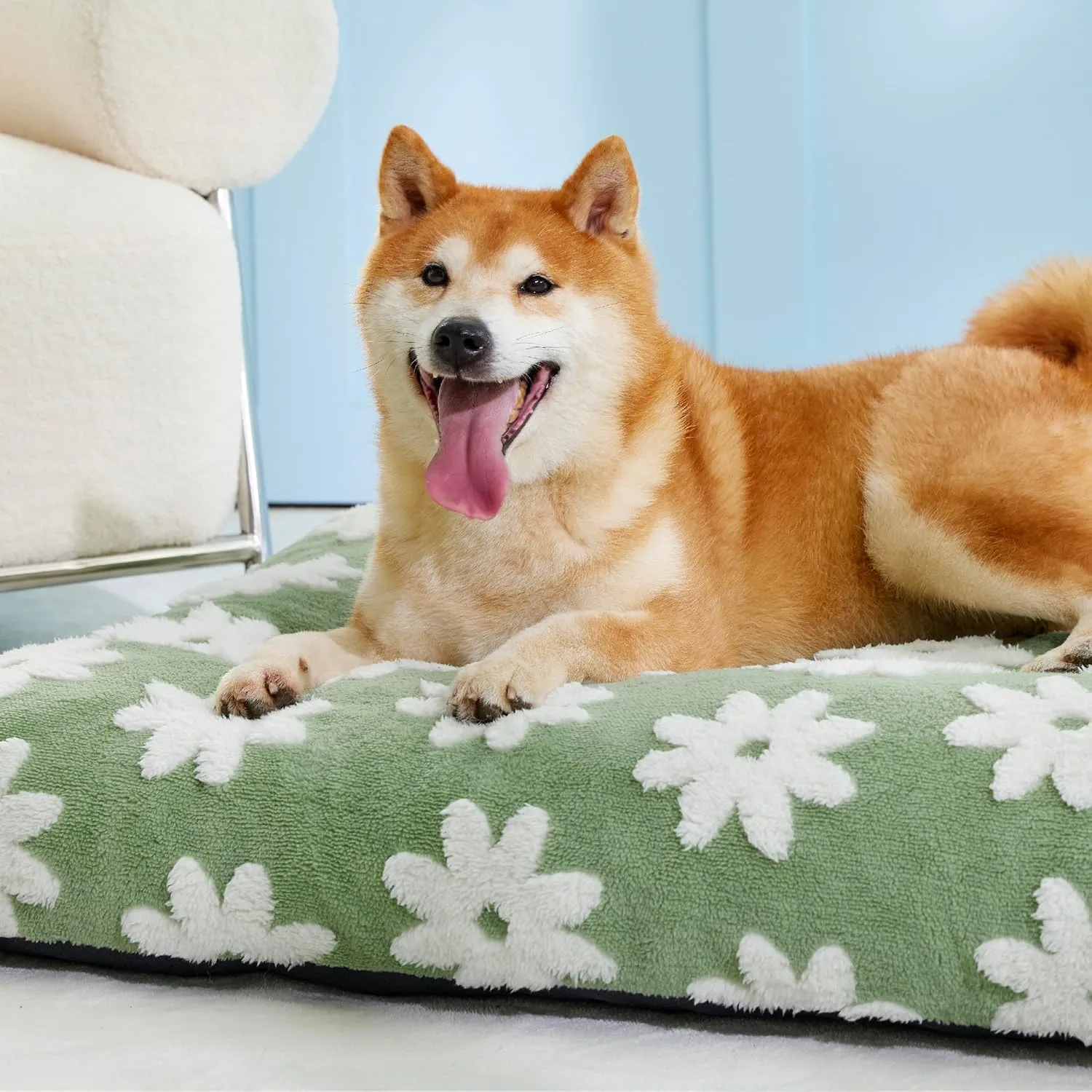 Lesure Dog Beds Large Sized-Thick Shredded Chopped Foam Pet Bed Indoor with Removable Cover, Cute Modern Fuzzy Plush & Anti Slip Bottom, Green