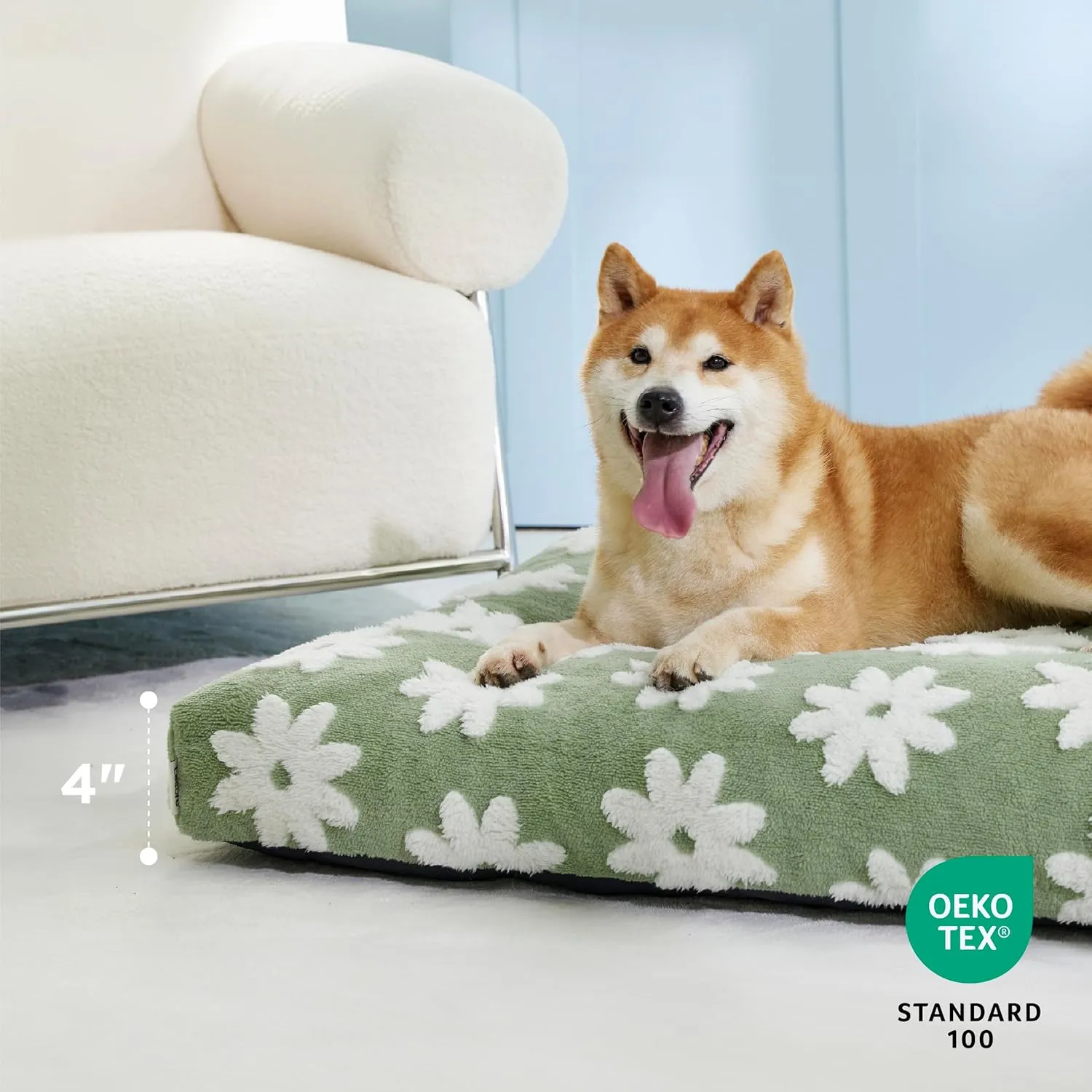 Lesure Dog Beds Large Sized-Thick Shredded Chopped Foam Pet Bed Indoor with Removable Cover, Cute Modern Fuzzy Plush & Anti Slip Bottom, Green