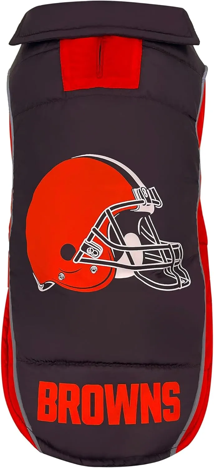 NFL Cleveland Browns Puffer Vest for Dogs & Cats, Size Medium. Warm, Cozy, and Waterproof Dog Coat, for Small and Large Dogs/Cats. Best NFL Licensed PET Warming Sports Jacket