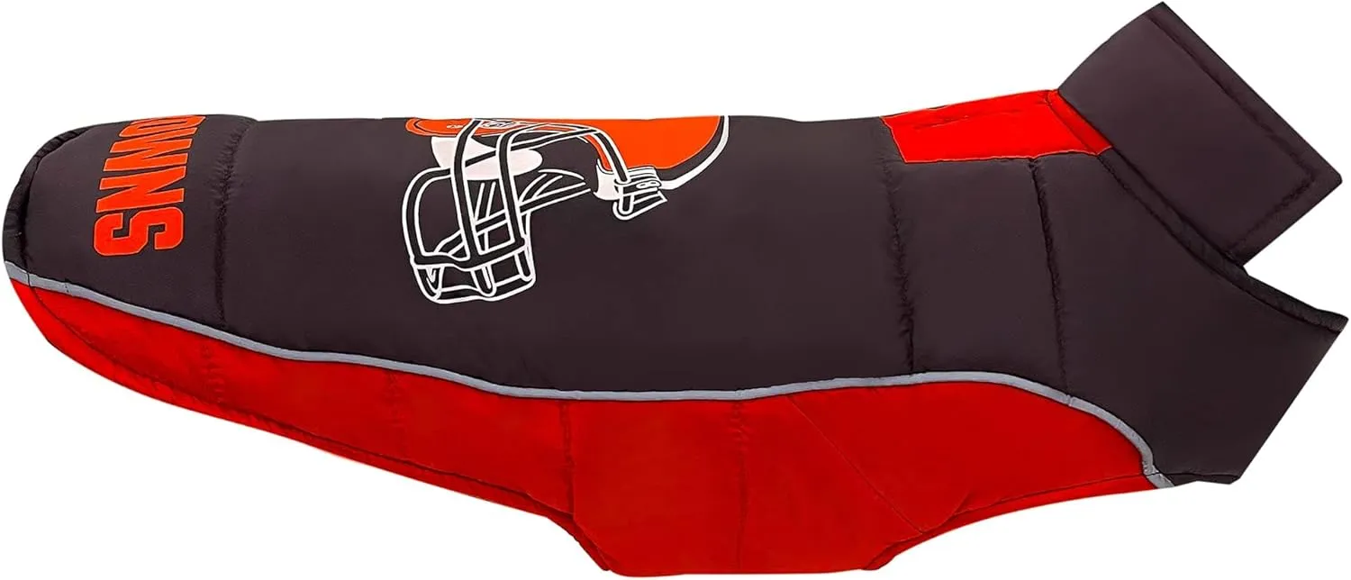 NFL Cleveland Browns Puffer Vest for Dogs & Cats, Size Medium. Warm, Cozy, and Waterproof Dog Coat, for Small and Large Dogs/Cats. Best NFL Licensed PET Warming Sports Jacket