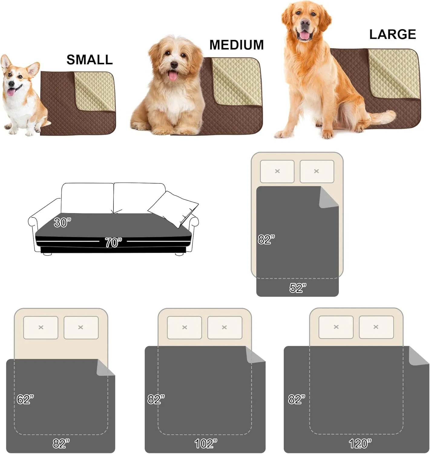 NICETOWN Pet Bed Cover Dog Blanket for Sofa and Furniture Waterproof Large Dog Crate Bed, Mat Reusable Pads Extra Large Puppy Pad, 1 Piece, 82" W x 102" L, Chocolate/Sand