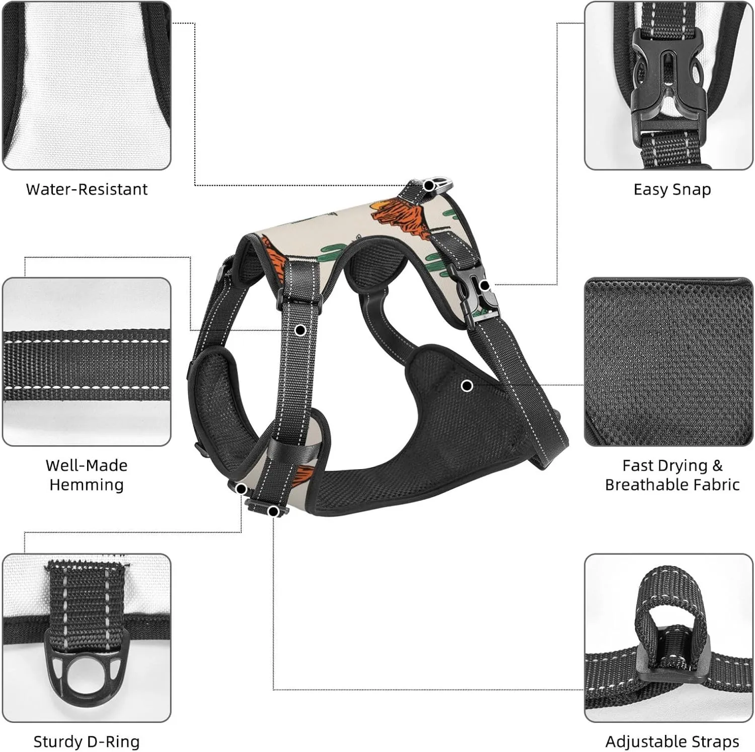 No Pull Dog Harness for Small Dogs Easy Walk Dog Vest Adjustable Collars Harnesses & Leashes Set Breathable Oxford Outdoor Walking Safety Reflective Strip Western Theme Cactus Cowboy Prints