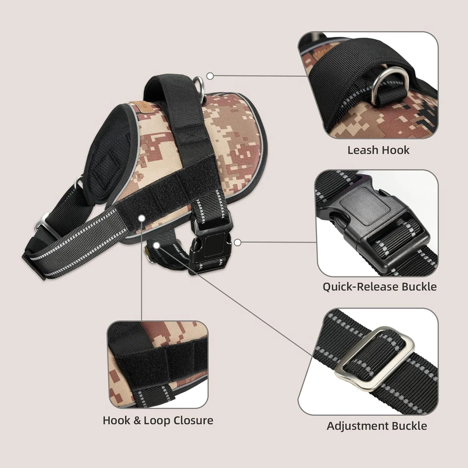 No Pull Dog Harness,Adjustable Padded Vest,Reflective Breathable Material,No Choke Design for Small,Medium and Large Dogs,Comfortable for Walking,Running,Training,Desert Camo,M