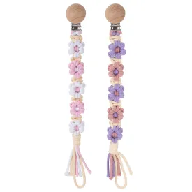 Pacifier Clip for Boys Girls Floral Daisy Macrame Baby Paci Clip Pacifier Holder Leash Boho Wooden Clips Handmade Braided Cotton Binky Clips (2pack:Pink Daisy & Lavender Style B)